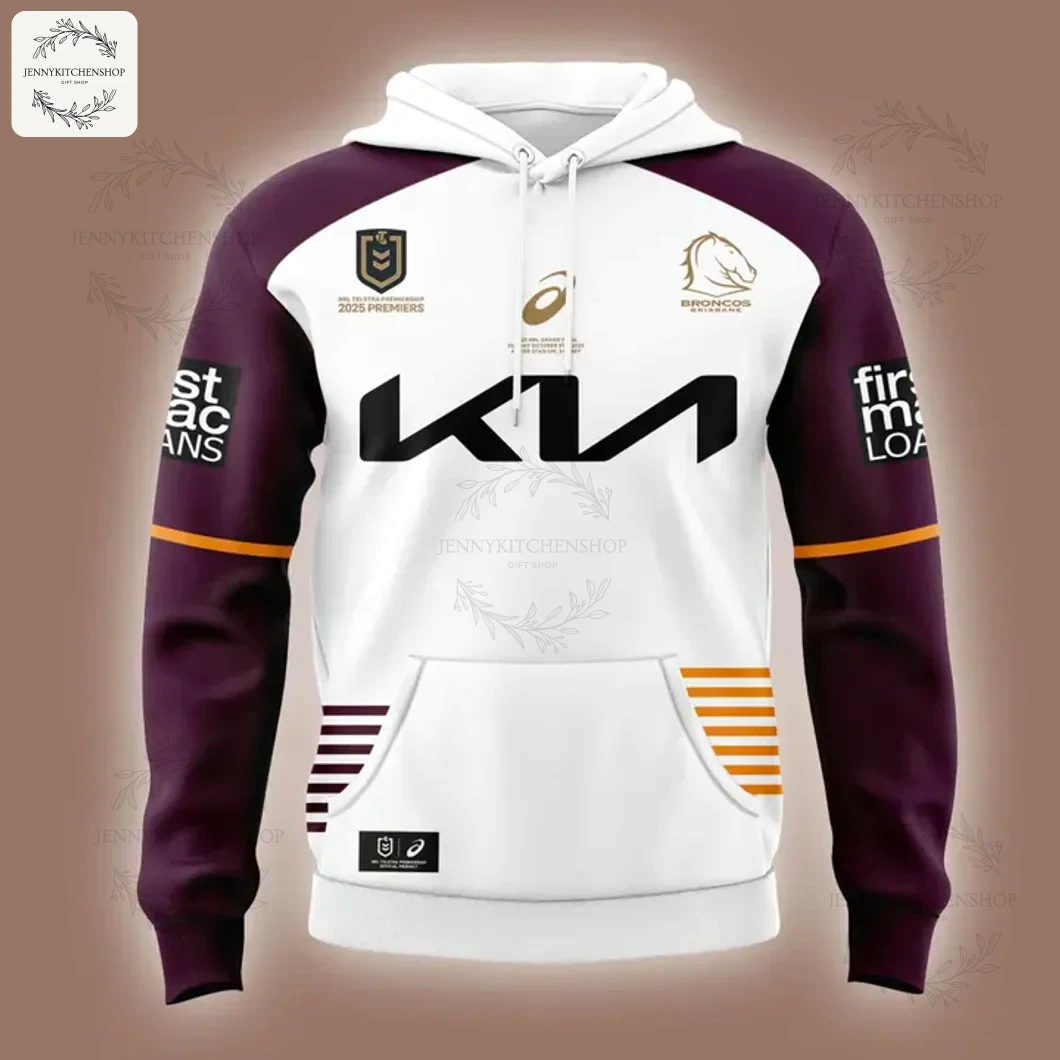 Close-up front view of the Brisbane Broncos 2025 NRL Premiers hoodie, showing the team crest, NRL patch, and sponsor logos.
