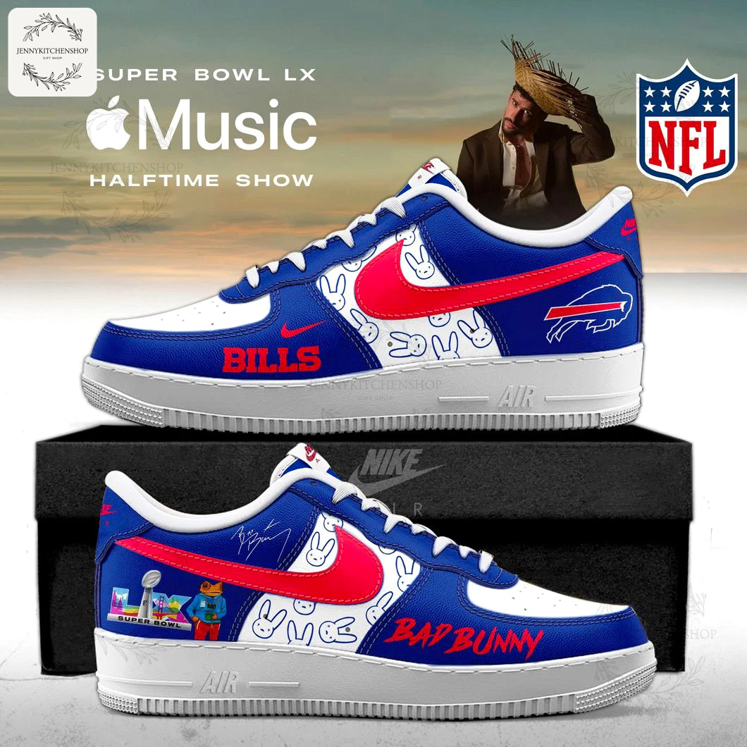 A pair of custom Nike Air Force 1s for the Buffalo Bills and Bad Bunny Super Bowl LX halftime show, showing both sides of the shoe.