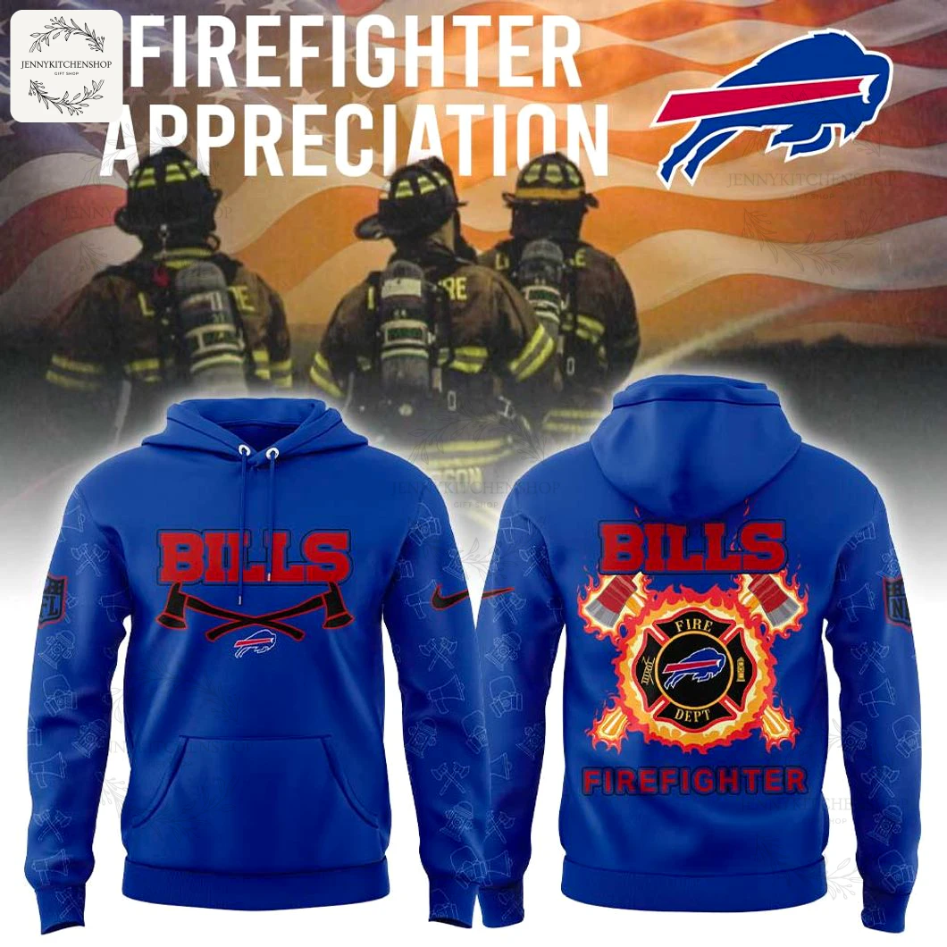 Front and back of a Buffalo Bills Firefighter hoodie with a background graphic of firefighters and an American flag.