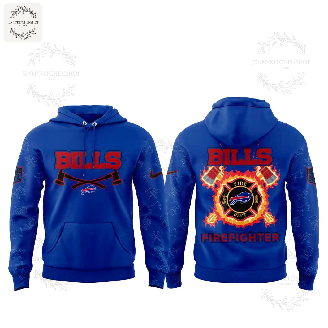 A mockup showing the front and back design of the Buffalo Bills Firefighter Appreciation hoodie on a plain white background.
