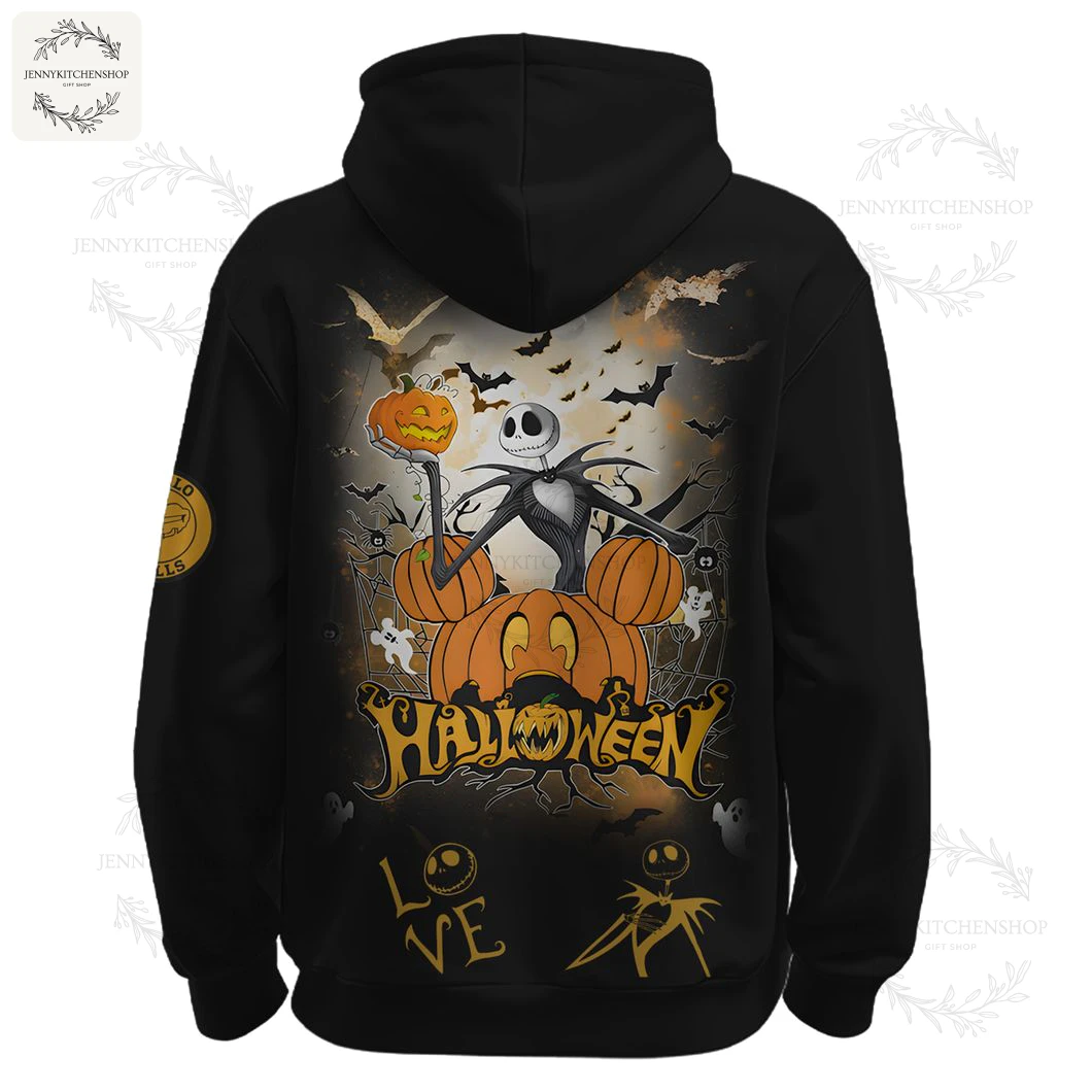 Back View of the Buffalo Bills Halloween Night Game Hoodie Back of the black Buffalo Bills hoodie showing a large Jack Skellington and pumpkins Halloween graphic with bats and spooky details.
