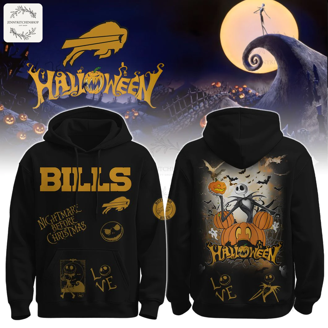 Front and back of the black Buffalo Bills Halloween hoodie featuring Jack Skellington and Nightmare Before Christmas themed graphics.