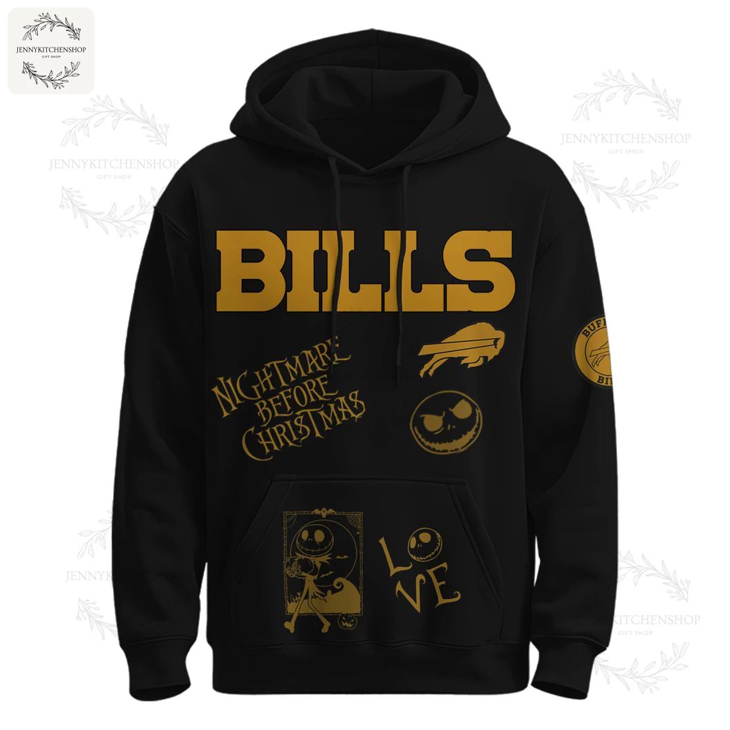 Front of the black Buffalo Bills Halloween hoodie with gold graphics including the Bills logo and Jack Skellington designs.