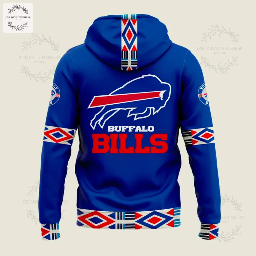Back View of the Buffalo Bills 2025 Indigenous Peoples Day Hoodie Back view of the blue Buffalo Bills hoodie showing the large team logo and patterned details on the sleeves, hem, and hood.