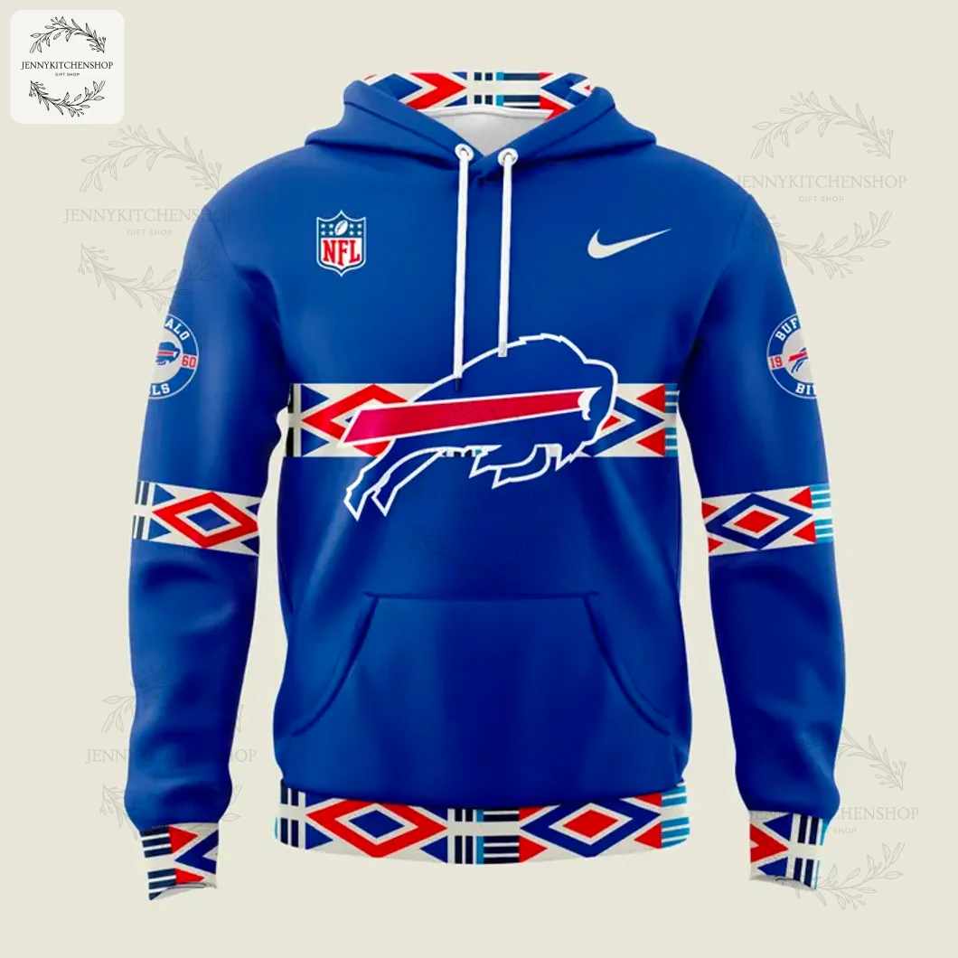 Front view of the royal blue Buffalo Bills hoodie featuring the team logo over a patterned stripe on the chest and sleeves.