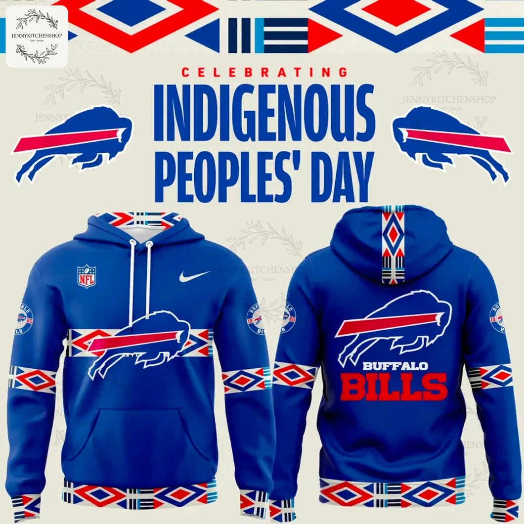 Promotional image showing the front and back of the Buffalo Bills Indigenous Peoples Day hoodie with unique cultural patterns.