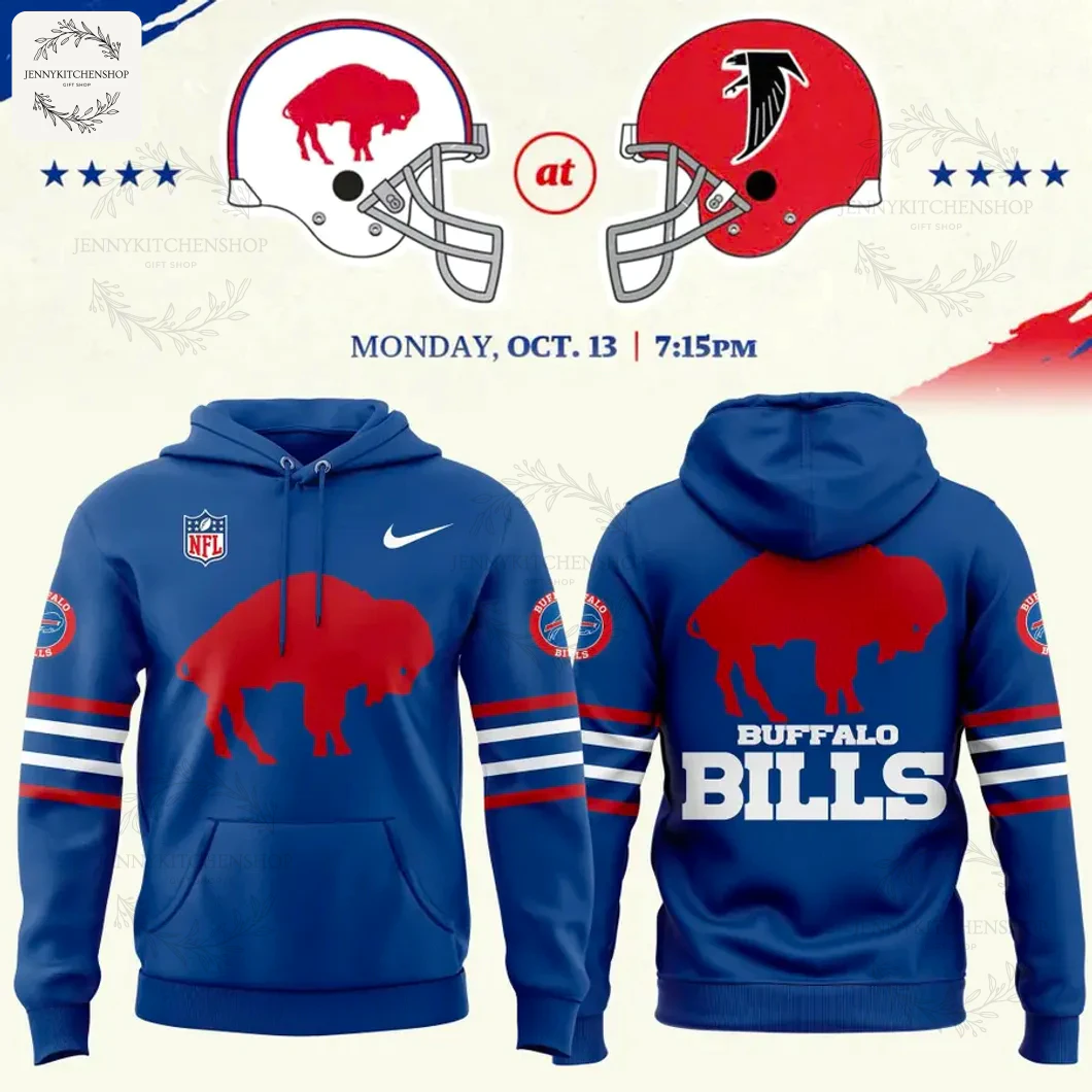 Front and back view of the Buffalo Bills NFL Classic Logo blue hoodie, featuring the red standing buffalo logo and white sleeve stripes.