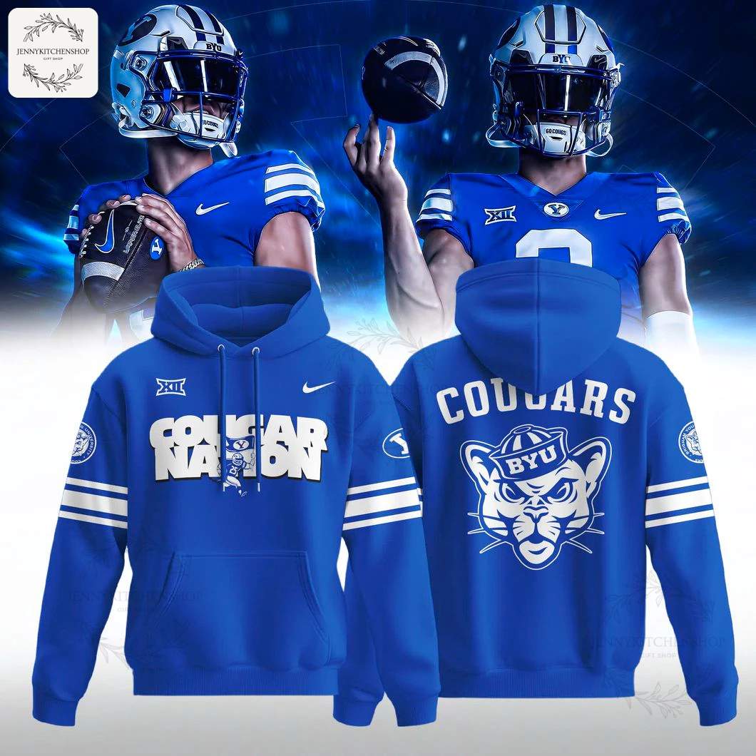 Front and back view of the blue BYU Cougars Cougar Nation 2025 special edition hoodie with football players in the background.