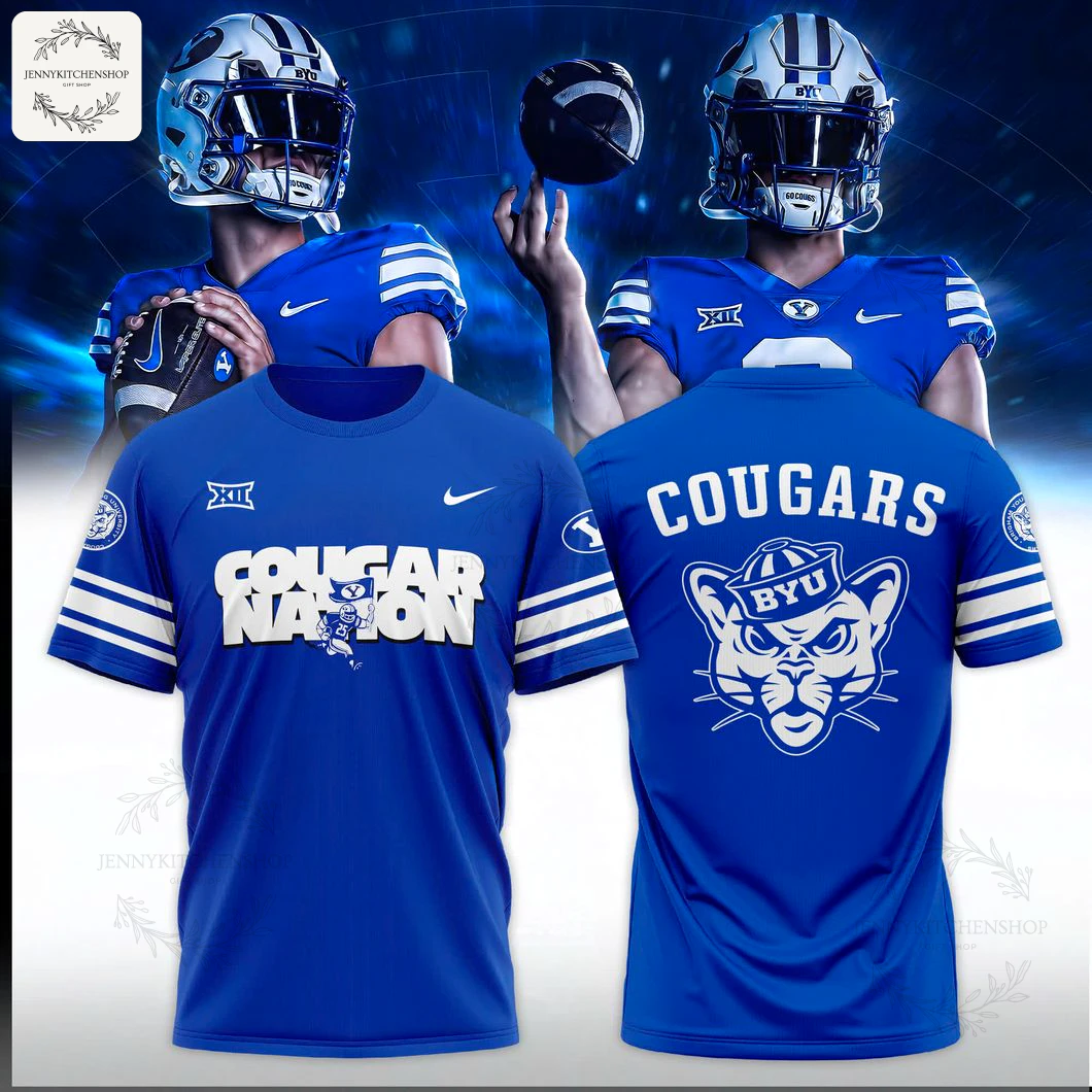 Front and back view of the blue BYU Cougars Cougar Nation 2025 special edition t-shirt with football players in the background.