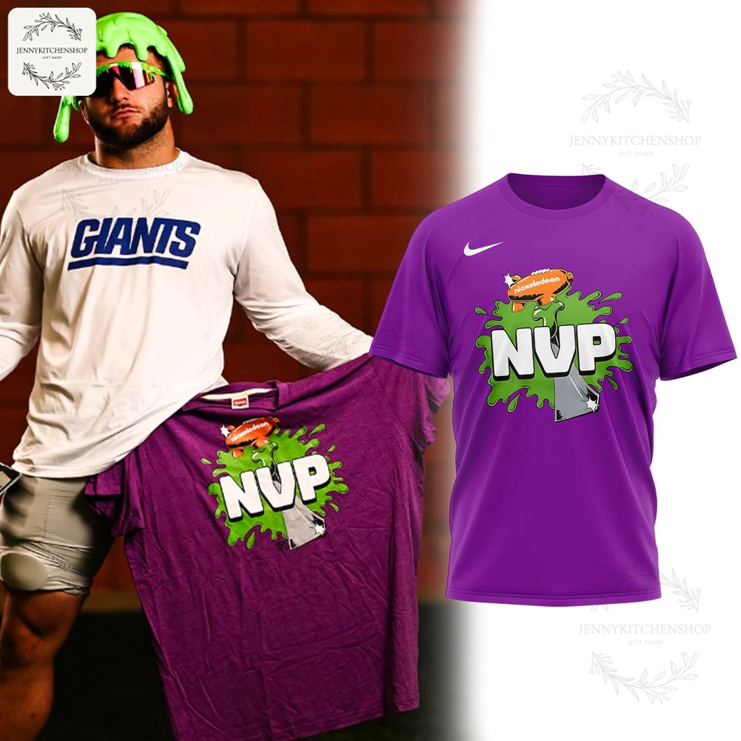 Cam Skattebo in a slime helmet holding the purple Nickelodeon NVP t-shirt, shown next to a 3D product mockup.