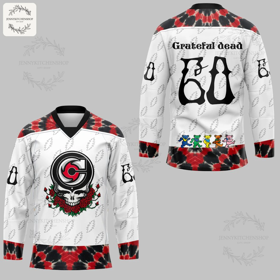 A mockup of the limited edition Cyclones Grateful Dead hockey jersey showing the front logo and the back with dancing bears.