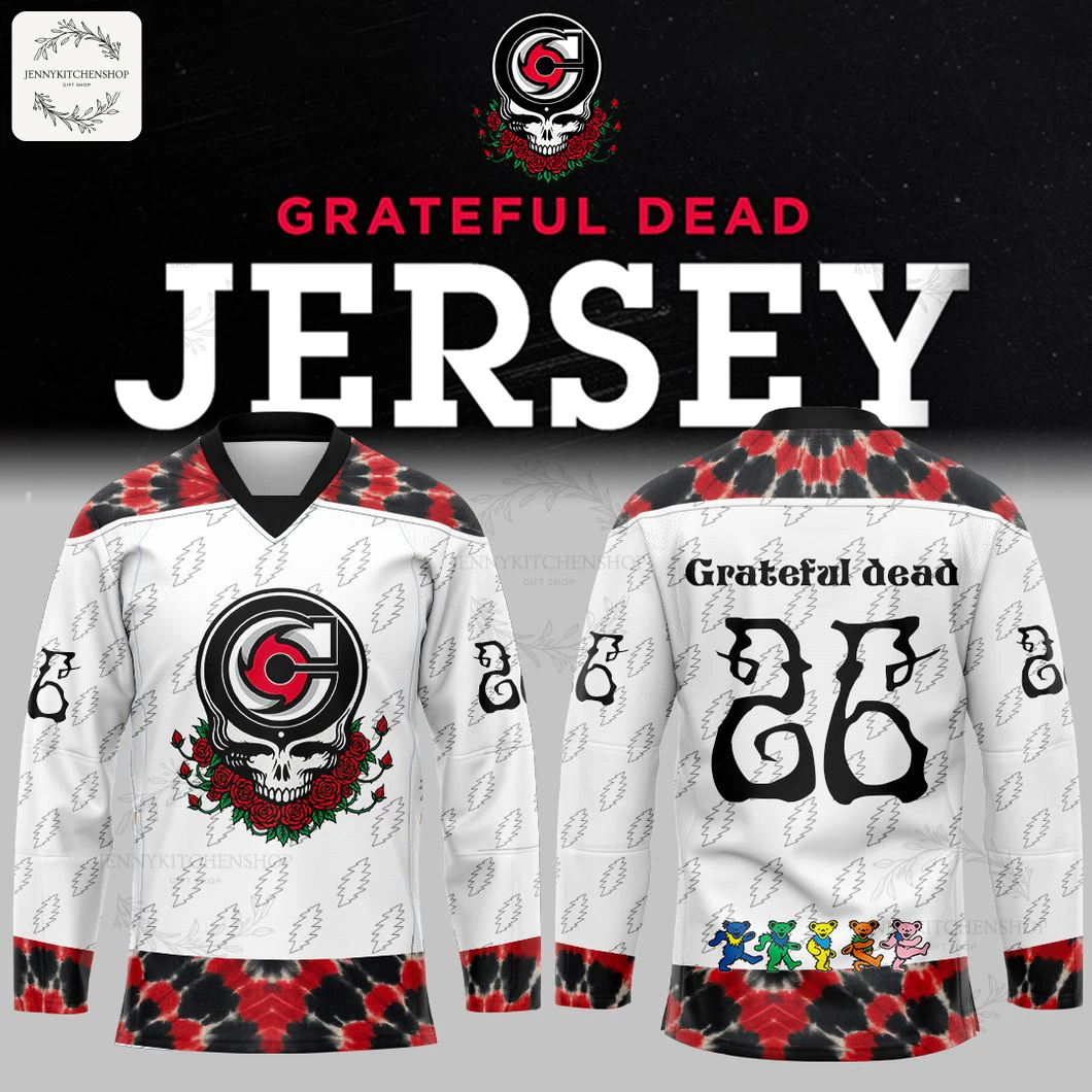 Front and back views of the Cincinnati Cyclones Grateful Dead Night jersey with a skull and roses logo and tie-dye accents.