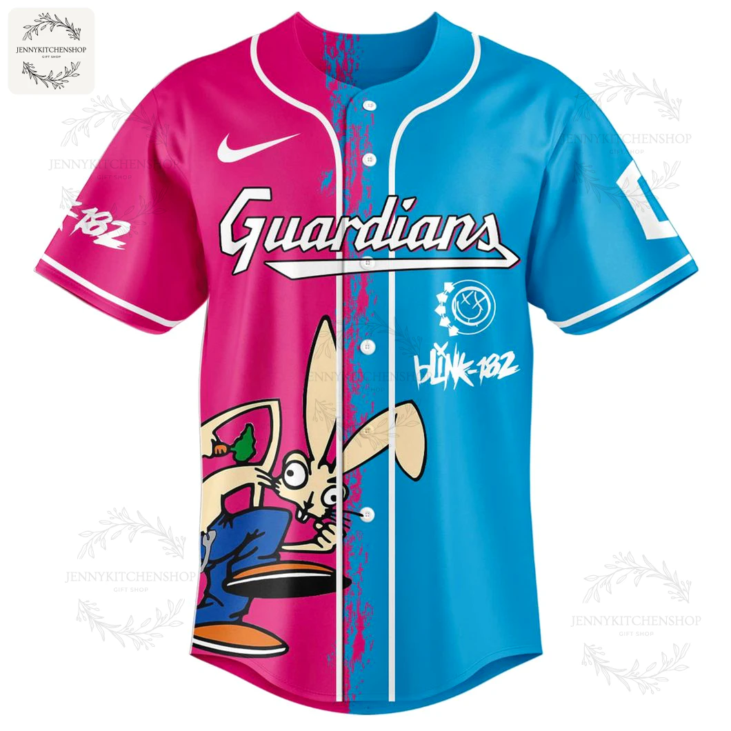 Front of the Cleveland Guardians x Blink-182 baseball jersey with a split pink and blue design, featuring the team logo and band rabbit.
