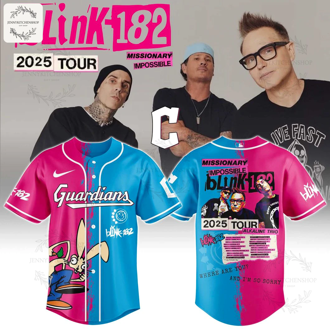 Promo image of the Cleveland Guardians x Blink-182 jersey, featuring front and back views against a backdrop of the band.