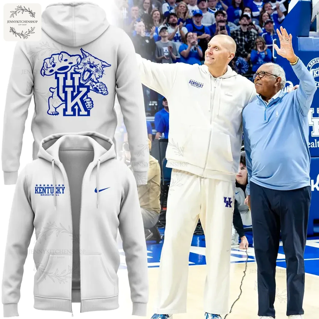 Promotional image showing the Coach Mark Pope Kentucky hoodie, with front and back views and Pope on the court.