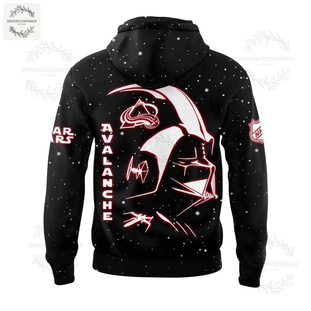 Back View of the Colorado Avalanche Star Wars Hoodie with Darth Vader Graphic Back of the Colorado Avalanche Star Wars hoodie showing a large Darth Vader graphic with the Avalanche logo on his helmet.