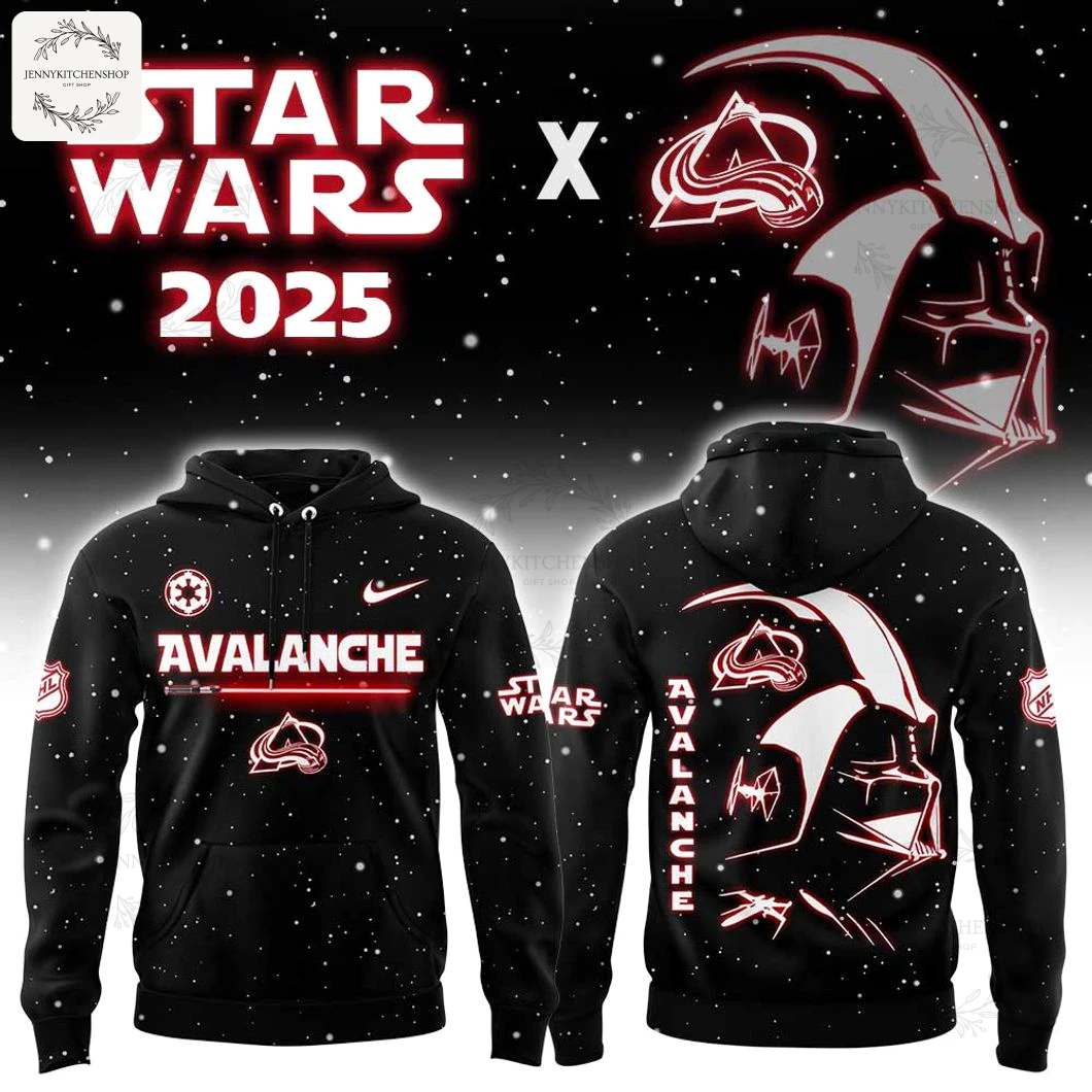 Front and back view of the black Colorado Avalanche Star Wars Night hoodie featuring a lightsaber design and Darth Vader graphic.