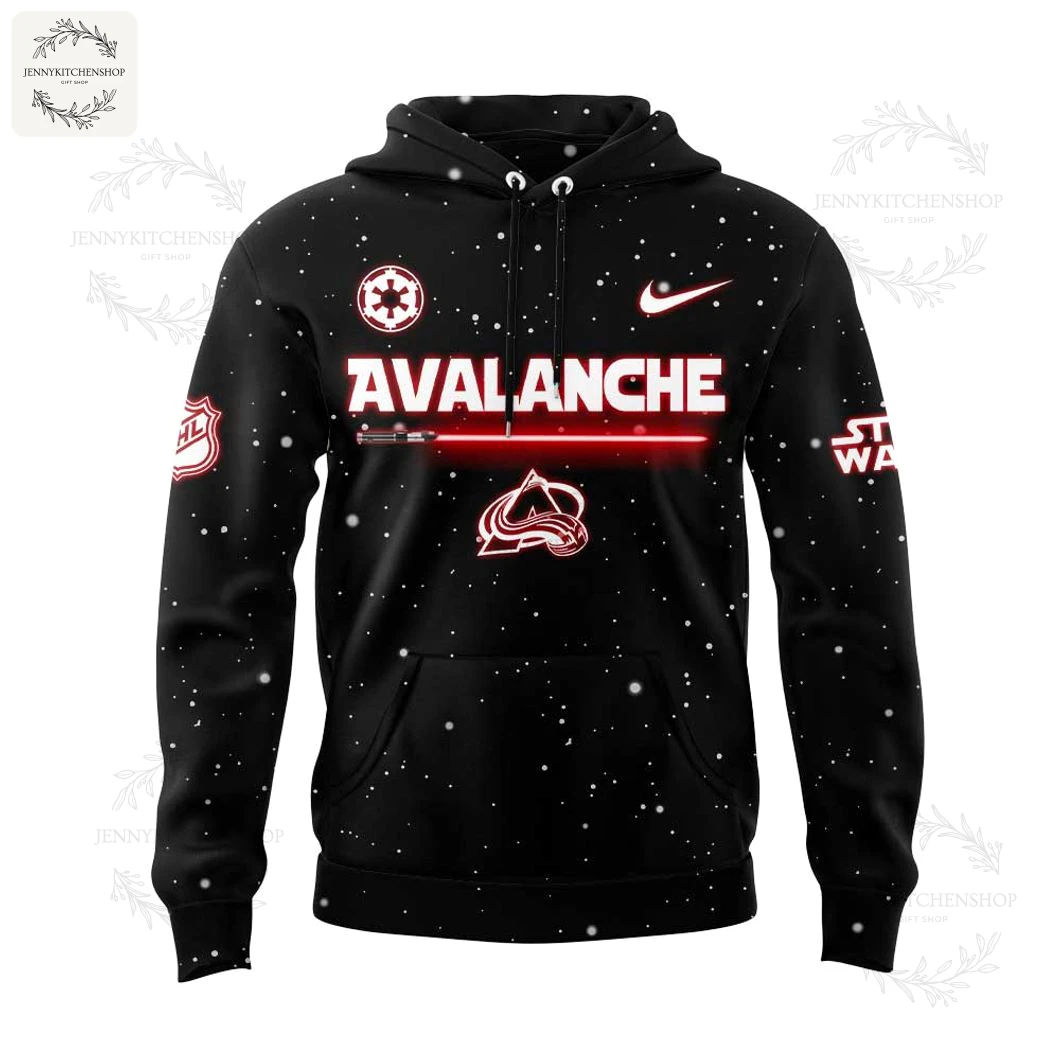 Front of the black Colorado Avalanche Star Wars hoodie with the team name over a red lightsaber and the Galactic Empire logo.