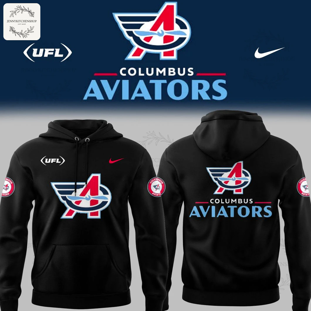 Front and back of a black Columbus Aviators football hoodie, showing the team's winged 'A' logo on the front and back.