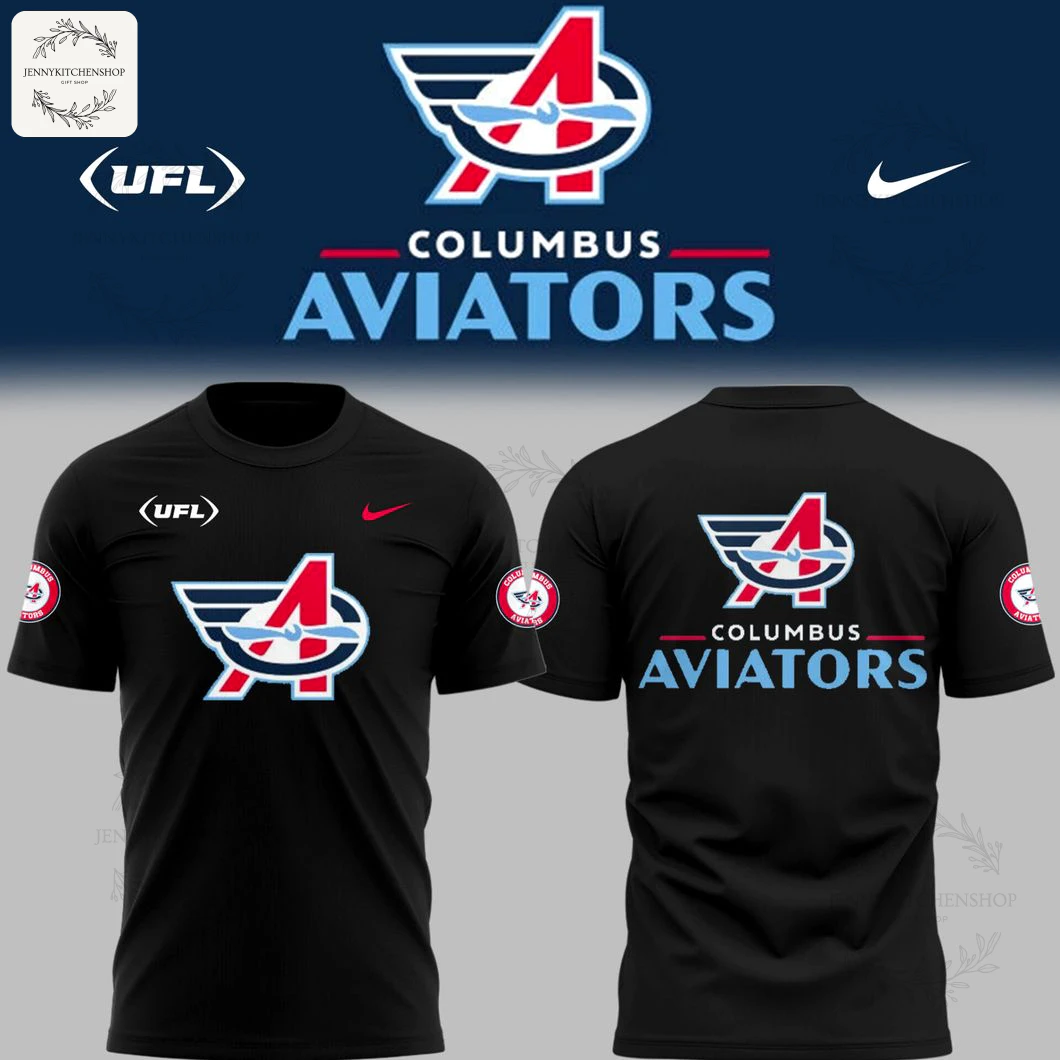 Front and back views of the Columbus Aviators Football black limited edition 3D t-shirt with the team logo on the chest and back.