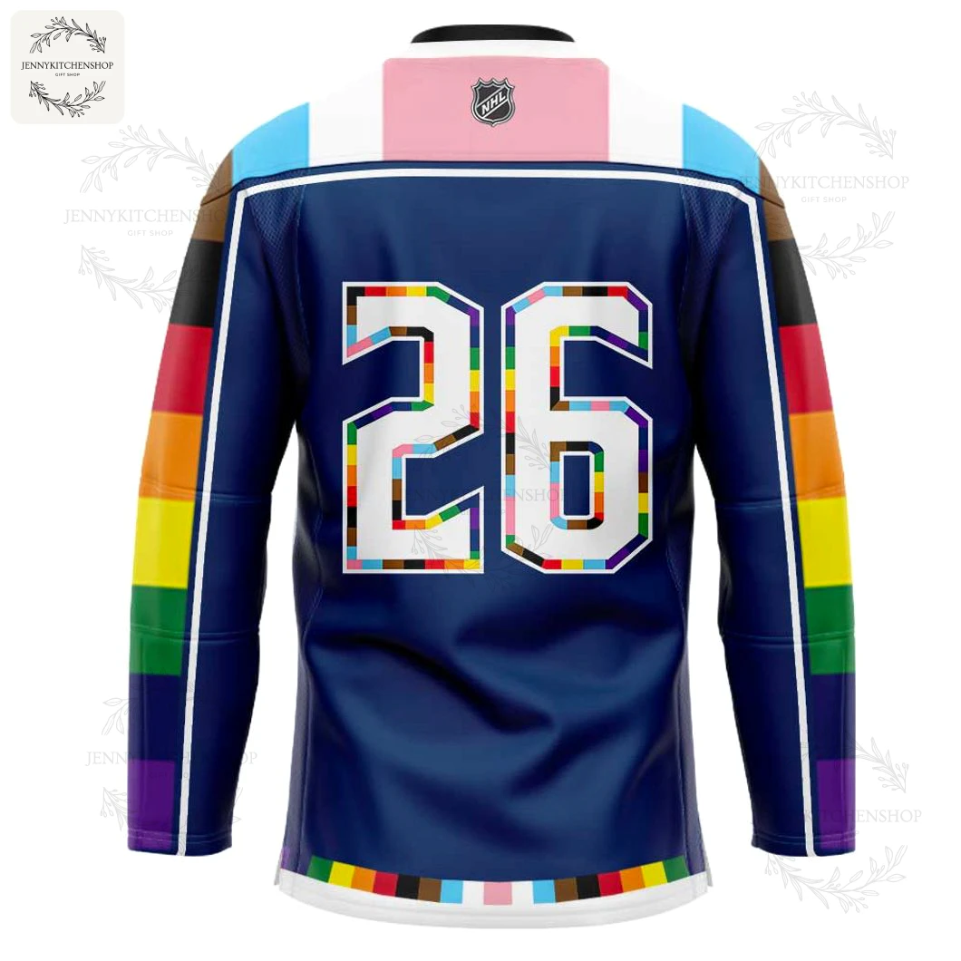 Back View of the Columbus Blue Jackets Pride Month 2026 Jersey Close-up of the back of the Columbus Blue Jackets Pride jersey, featuring the number 26 filled with the Pride flag colors.