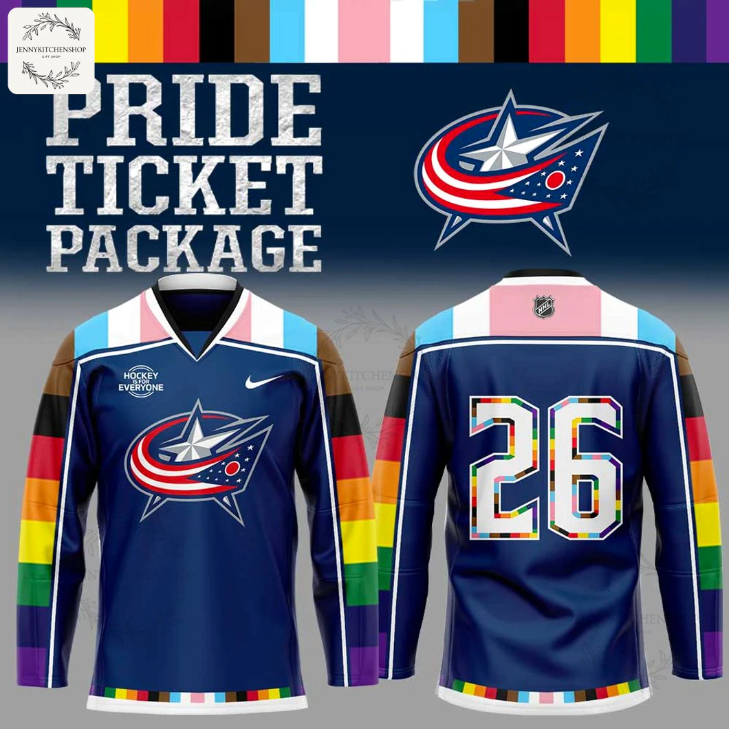 Front and back view of the Columbus Blue Jackets 2026 Pride jersey with rainbow striped sleeves and the number 26 on the back.