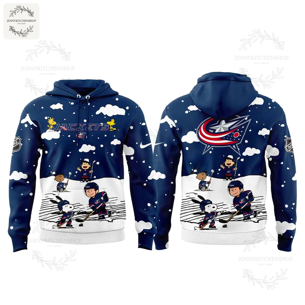 A mockup showing the front and back of the Columbus Blue Jackets Snoopy hoodie against a plain white background.
