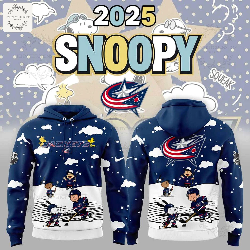Front and back of the Columbus Blue Jackets Snoopy hoodie, featuring Peanuts characters playing hockey in a snowy scene.