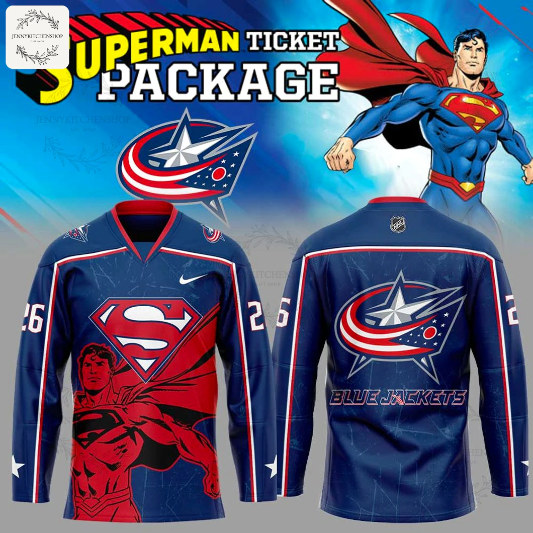 Promotional image of the Columbus Blue Jackets Superman hockey jersey, showing both the front with a Superman graphic and the back.
