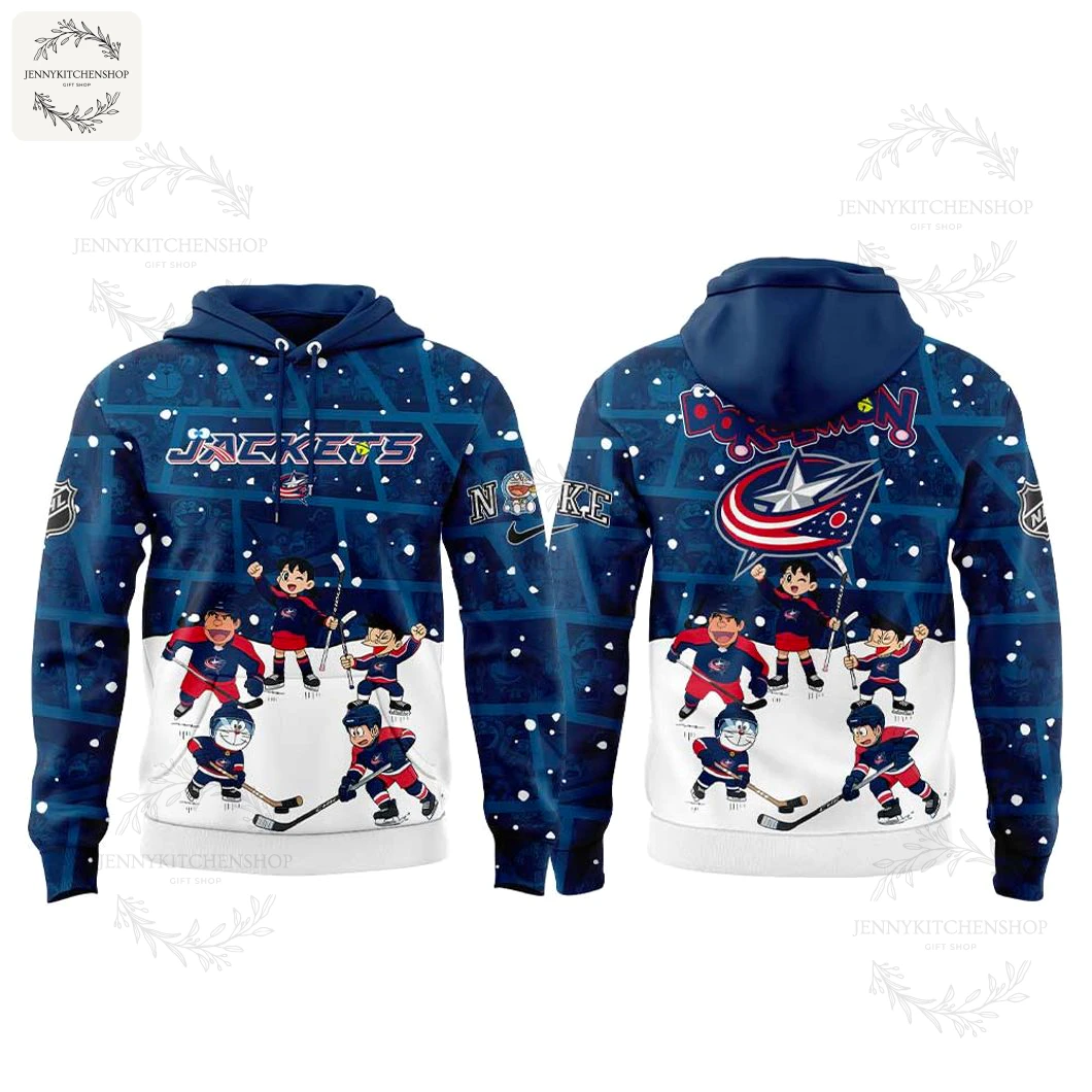 Back view of the hoodie showing team logos and Doraemon-themed illustrations.