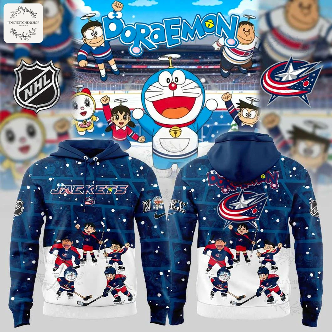 Front view of a blue hoodie featuring Doraemon and Columbus Blue Jackets graphics and characters.