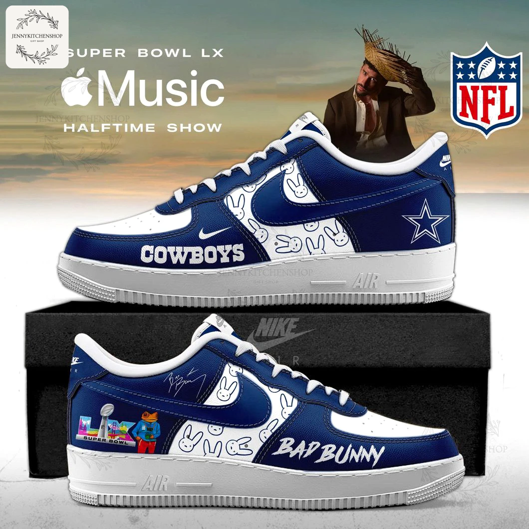 A pair of custom Dallas Cowboys and Bad Bunny Air Force 1s celebrating Super Bowl LX with team and artist logos.