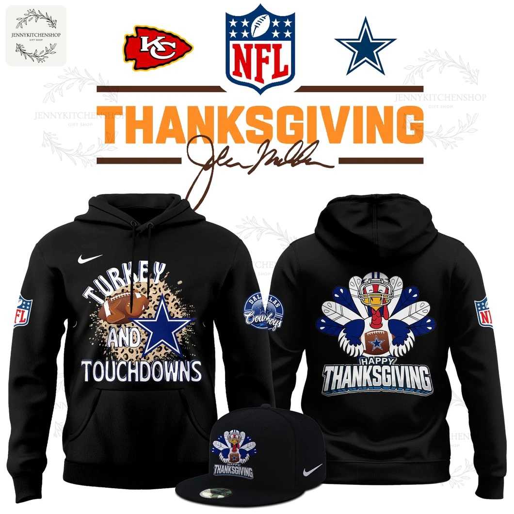 Front view of the Dallas Cowboys x Thanksgiving Game 2025 Limited Hoodie with Turkey and Touchdowns graphic on a black hoodie.