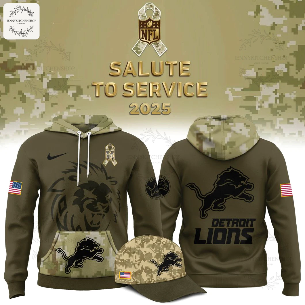 Front and back view of the Detroit Lions Salute to Service hoodie in olive drab and digital camo, with a matching cap.