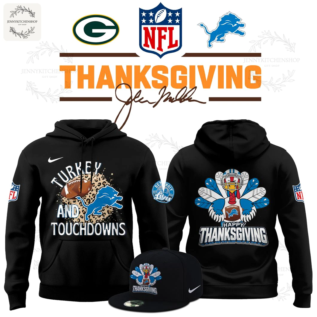 Black hoodie featuring a turkey and football graphic with the text “Turkey and Touchdowns,” plus a Detroit Lions NFL sleeve patch on the left arm.