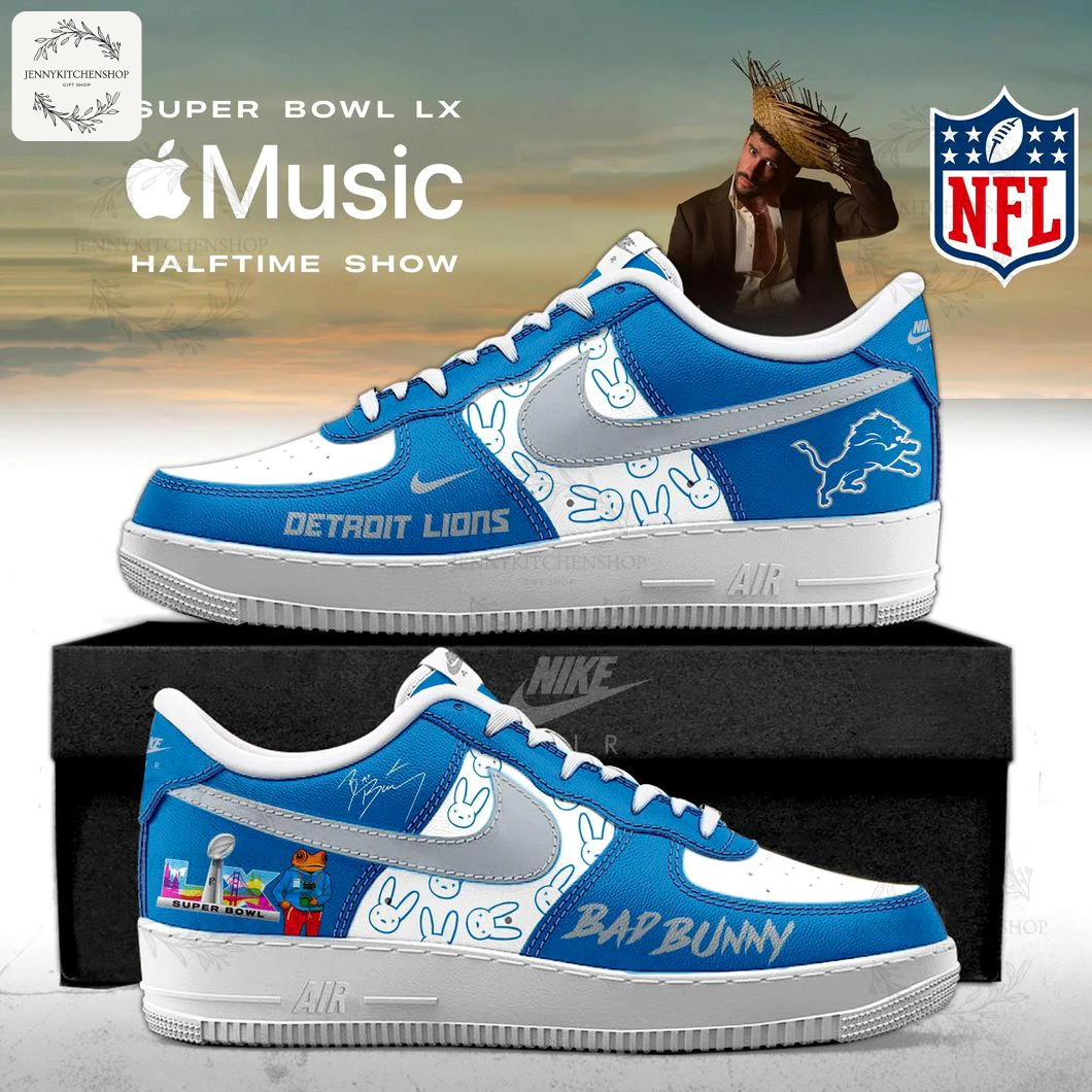 A pair of custom blue and white Nike Air Force 1s celebrating a Detroit Lions and Bad Bunny Super Bowl LX collaboration.