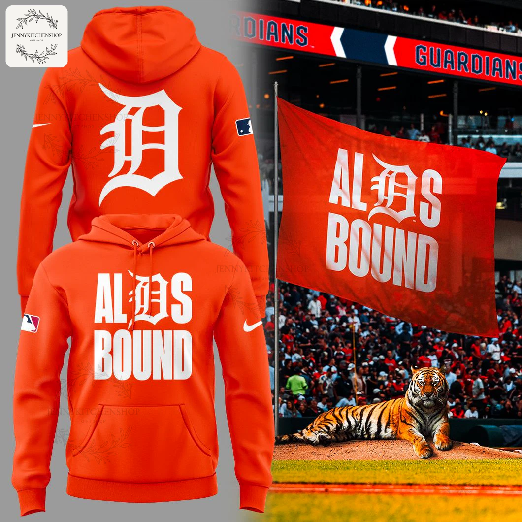 A vibrant orange Detroit Tigers hoodie showing the front with "ALDS BOUND" text and the back with the classic 'D' logo.