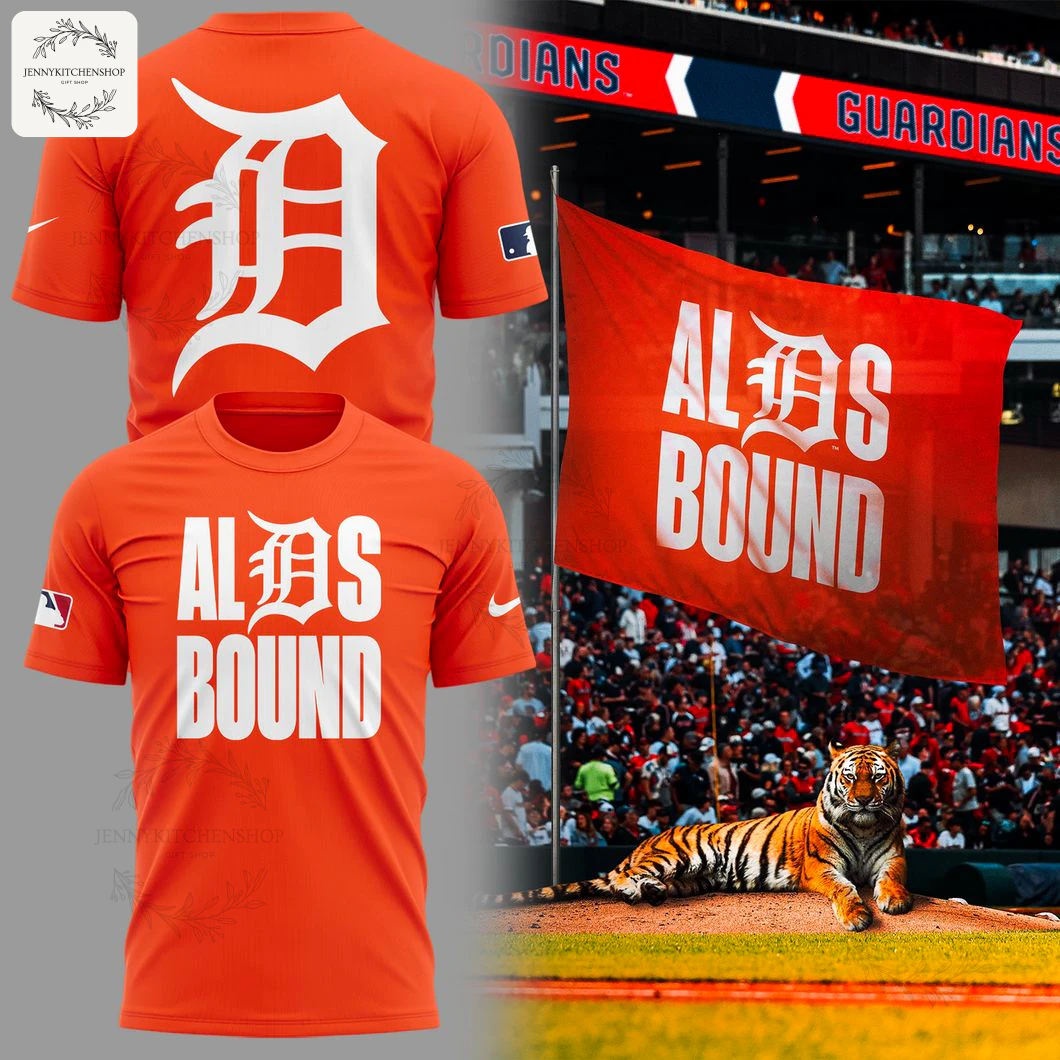 Front and back views of an orange Detroit Tigers t-shirt celebrating being "ALDS BOUND" for the 2025 season.