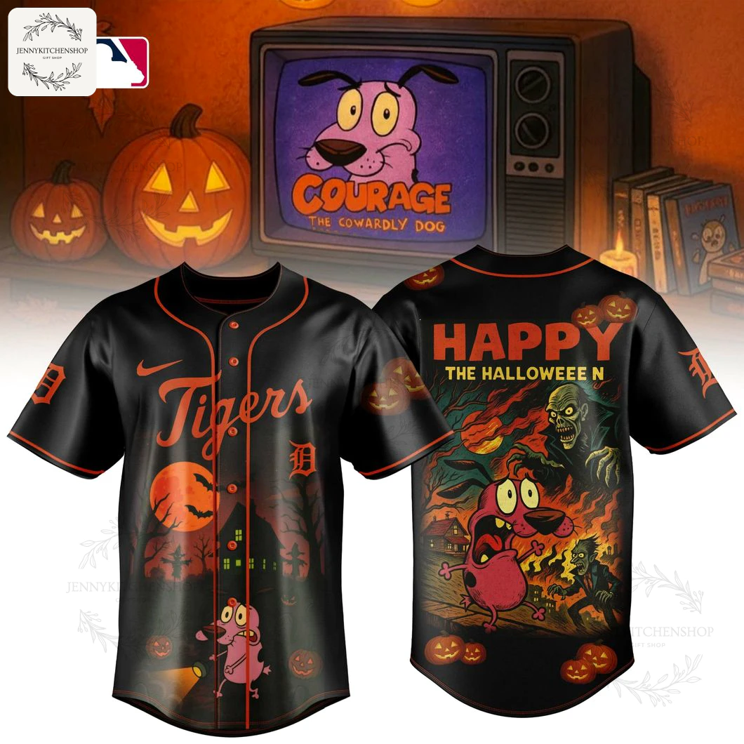 Front and back of the Detroit Tigers Halloween jersey, featuring Courage the Cowardly Dog in spooky haunted house and monster scenes.