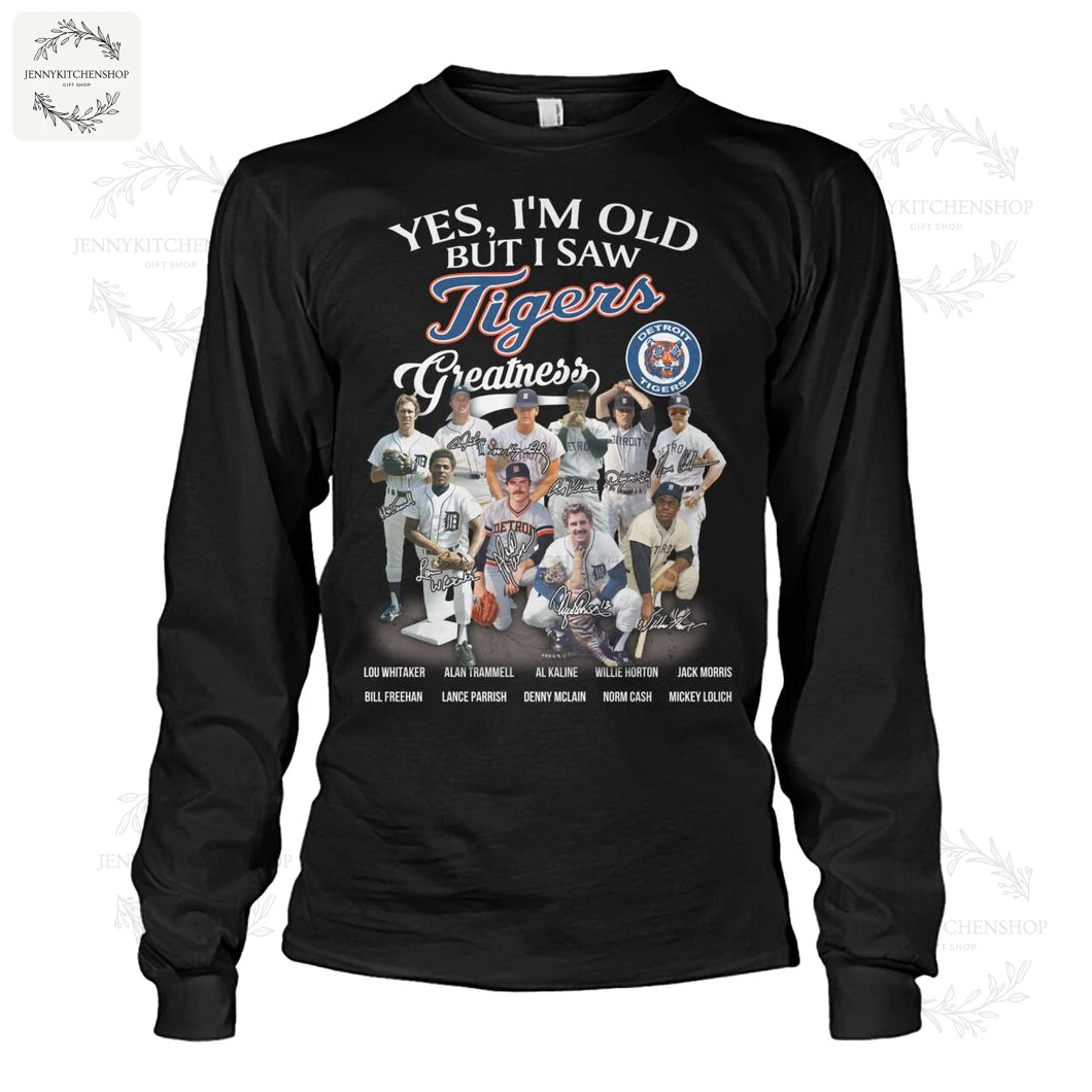 Front view of a black long-sleeve shirt for Detroit Tigers fans with a graphic of team legends and a tribute slogan.