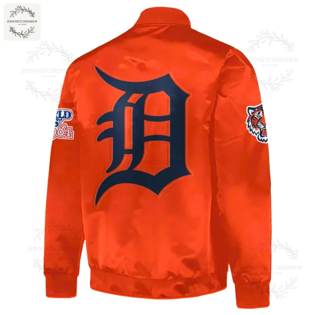 Back View of the Orange Detroit Tigers Big Logo Jacket Back of the orange Detroit Tigers baseball jacket featuring the large, classic Old English "D" logo in the center.
