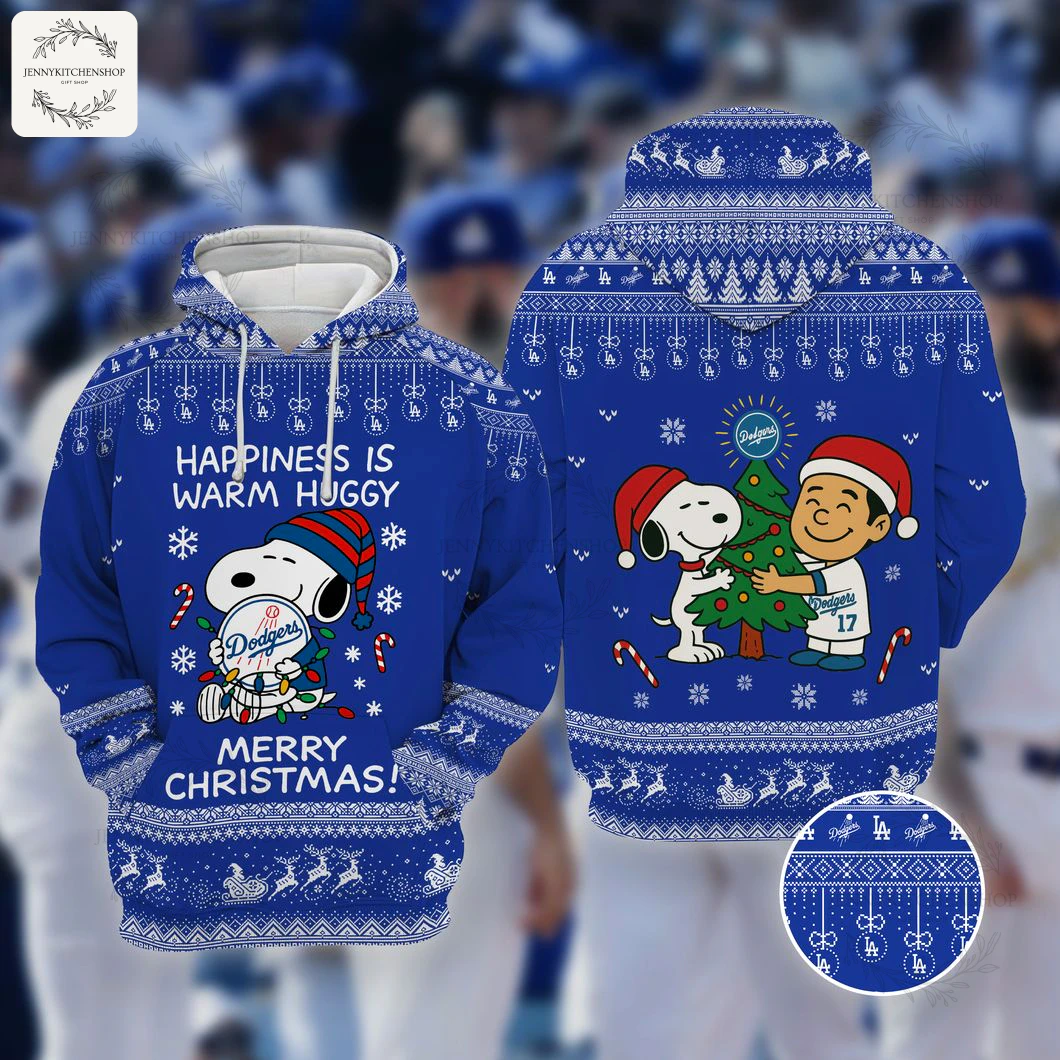 Front and back view of a blue Los Angeles Dodgers Christmas hoodie featuring Snoopy and holiday patterns.