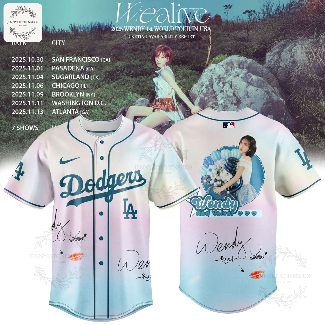 Front view of a pastel gradient Dodgers jersey featuring the Dodgers script, LA insignia, and Wendy Wealive artwork.