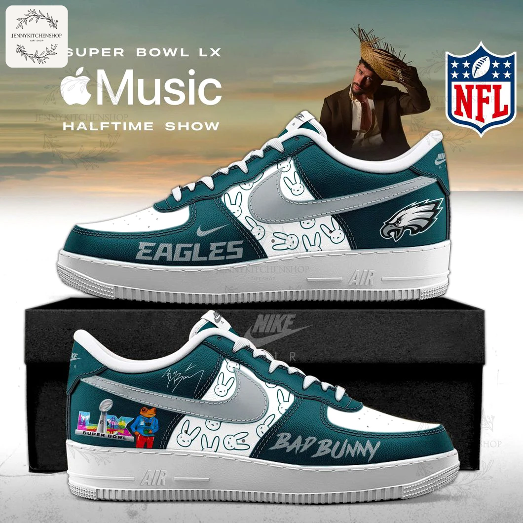 A pair of custom Nike Air Force 1s for the Philadelphia Eagles and Bad Bunny, celebrating the Super Bowl LX Halftime Show.