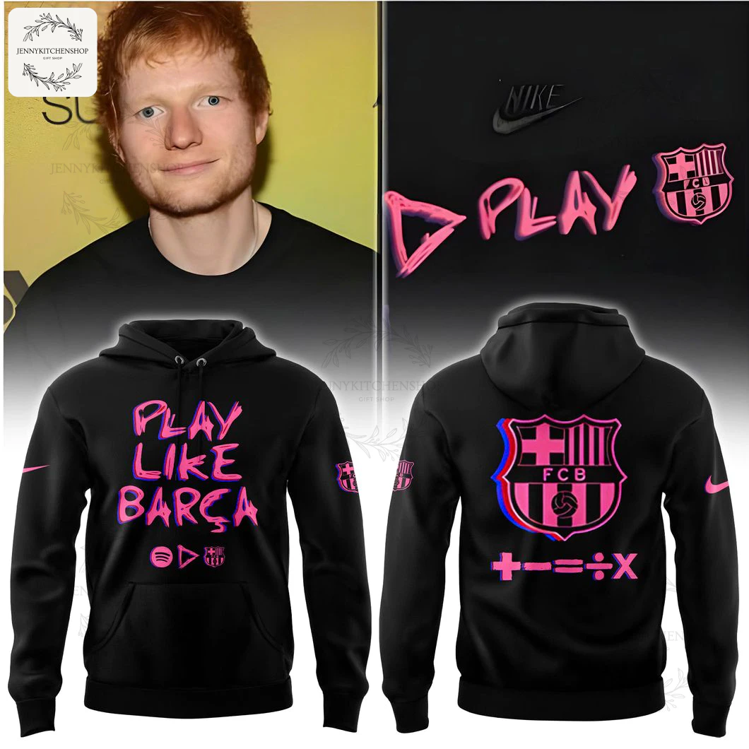 Promotional image of the Barca x Spotify x Ed Sheeran black hoodie, showing front, back, and design details alongside Ed Sheeran.