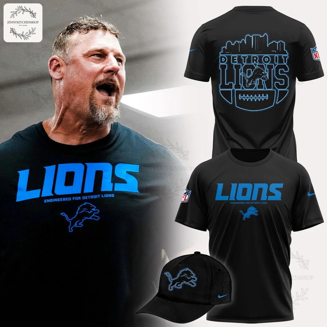 Collage of the Engineered For Detroit Lions t-shirt, showing a coach wearing it, the front and back views, and a matching cap.