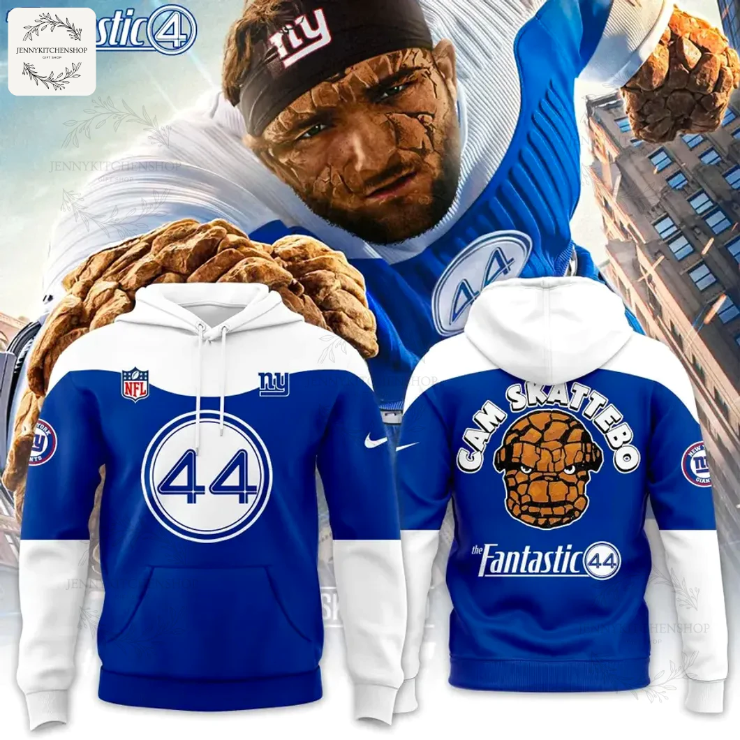 Front and back views of the New York Giants x Fantastic Four hoodie, featuring The Thing character design and number 44.