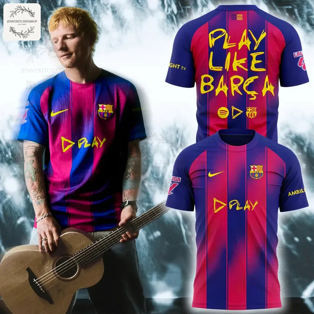 Ed Sheeran models the FC Barcelona El Clasico 2025 T-shirt. The 3D shirt has blue/pink stripes and "Play Like Barça" on the back.