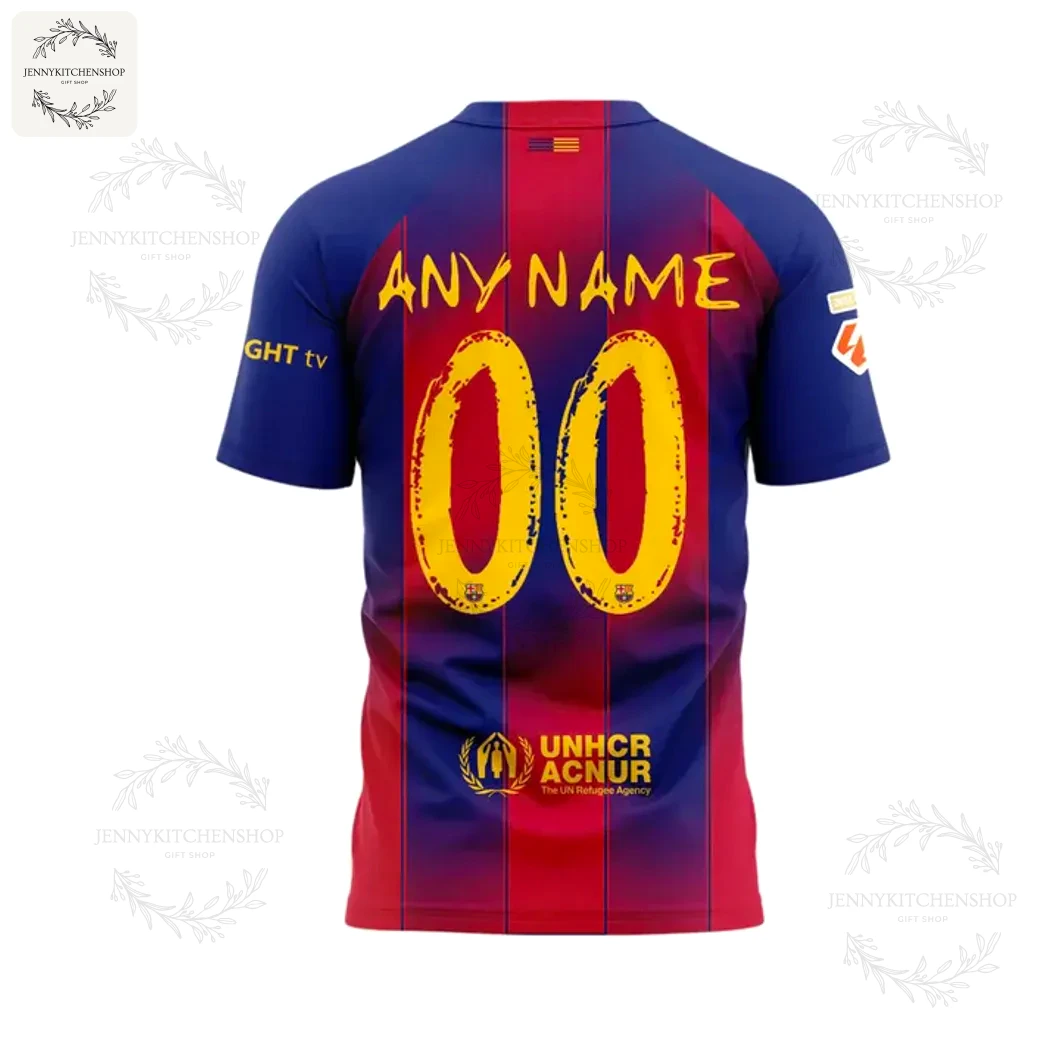 Customizable Back View of the FC Barcelona x Ed Sheeran Play T-Shirt The back of the FC Barcelona x Ed Sheeran t-shirt, showing the option for a custom name and number in a yellow, stylized font.