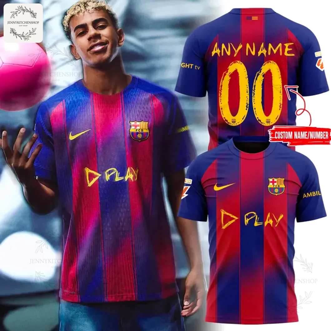 A model wears the FC Barcelona x Ed Sheeran Play t-shirt, with inset images showing the front and customizable back of the jersey.